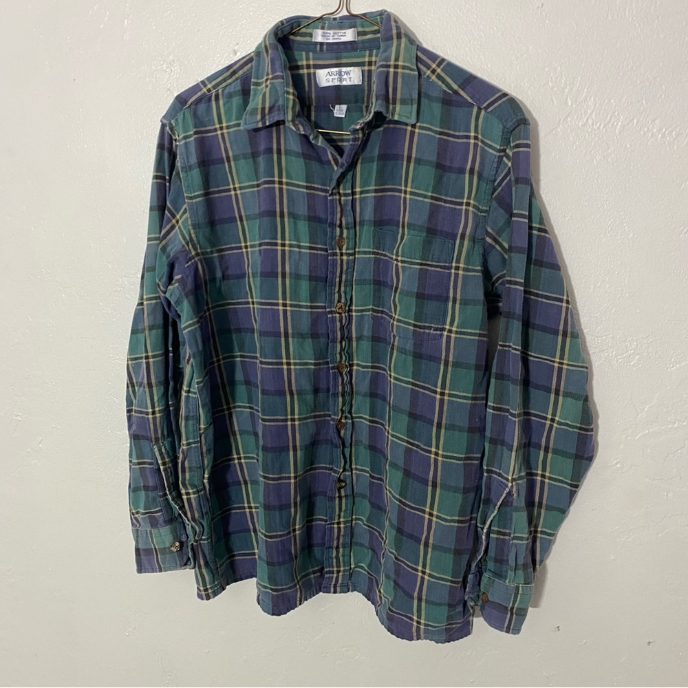 100% Cotton Vintage Flannel Arrow Sport Plaid Green Button Up Longsleeve Shirt